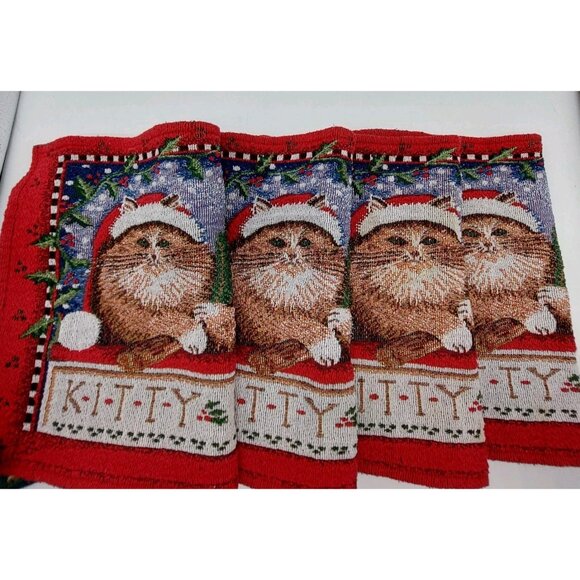 Tapestry Kitty Klaus Christmas Cat 4 Placemats & 1 Table Runner READ - Picture 2 of 12